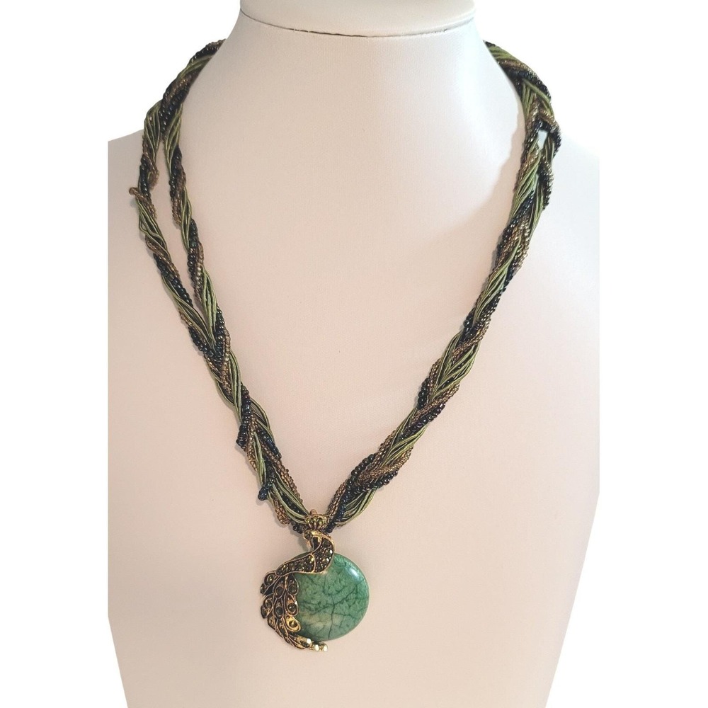 Peacock Pendant Necklace‎ Green Faux Stone Braided Beaded Multi Strand Gold Tone